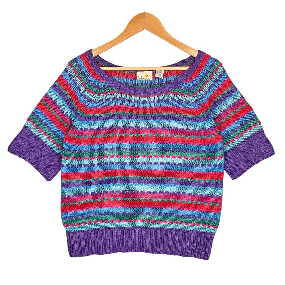 VINTAGE 80s LIZ CLAIBORNE SHORT‑SLEEVE KNIT SWEATER – MULTICOLOR STRIPE – SIZE M